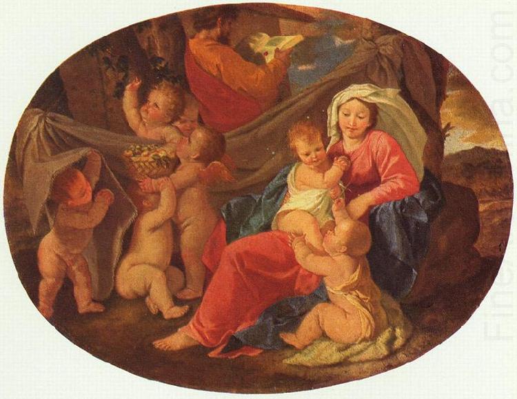 Heilige Familie mit Engeln, Oval, Nicolas Poussin